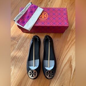 Tory Burch Black Leather Flats with Gold Logo